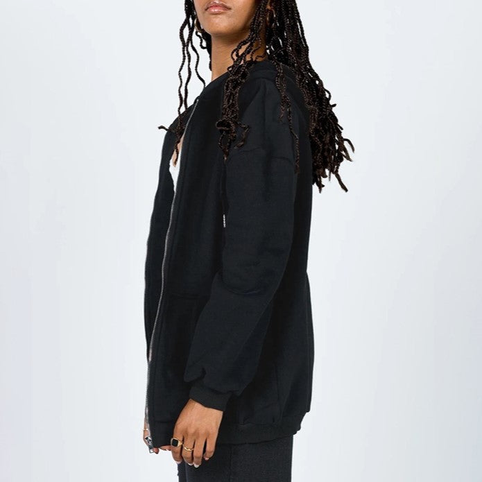 Oversized Zip Up Hoodie With Pockets - Black - 1