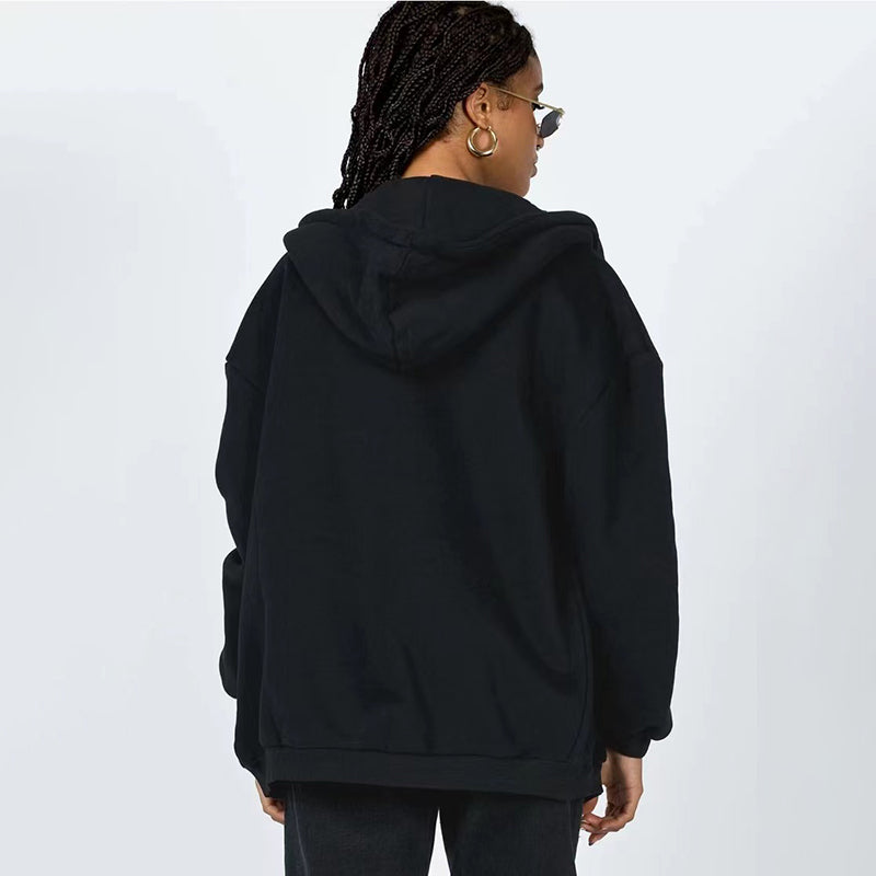 Oversized Zip Up Hoodie With Pockets - Black - 2