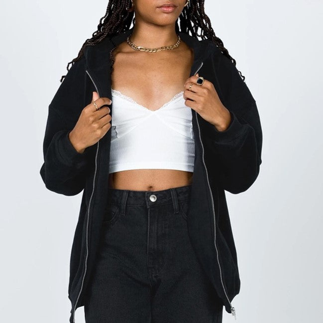 Oversized Zip Up Hoodie With Pockets - Black - 3