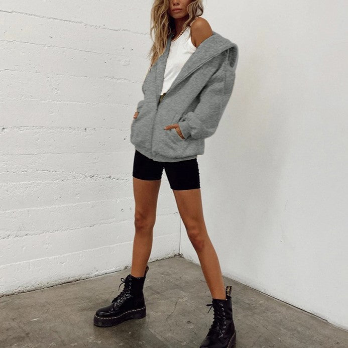 Oversized Zip Up Hoodie With Pockets - Grey - 1