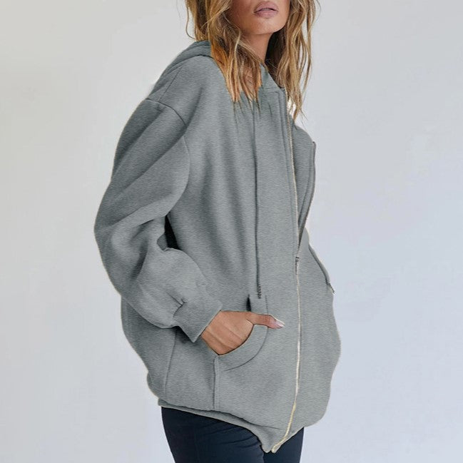 Oversized Zip Up Hoodie With Pockets - Grey - 2