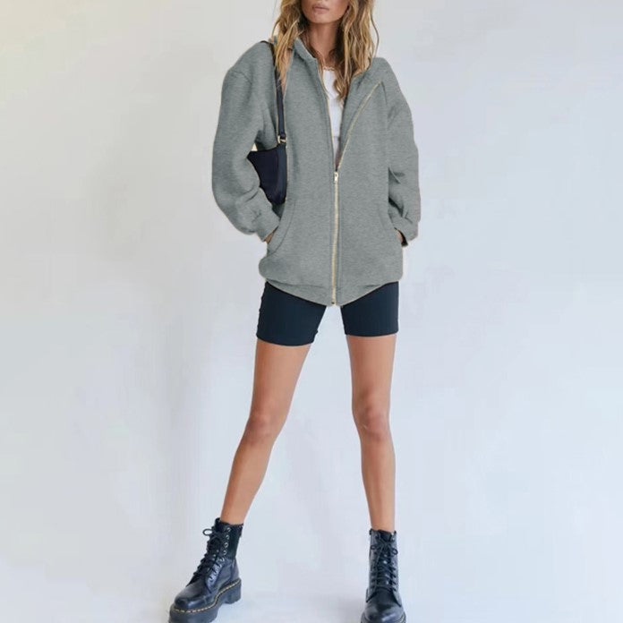 Oversized Zip Up Hoodie With Pockets - Grey - 3
