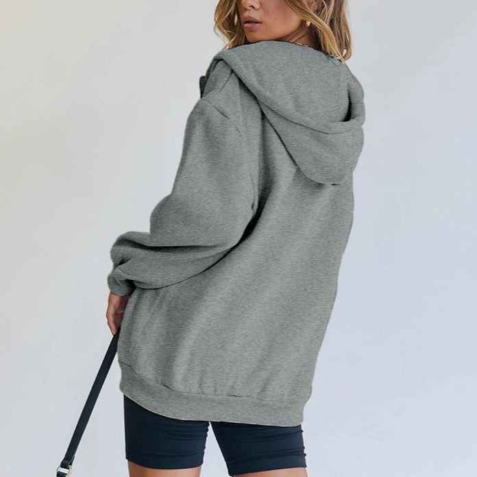 Oversized Zip Up Hoodie With Pockets - Grey - 4