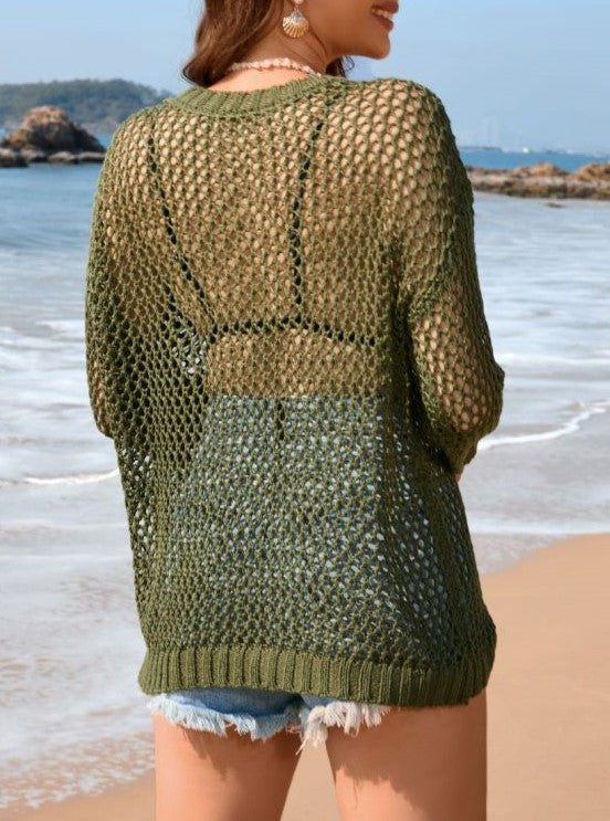 Open Knit Heart Panel Beach Cover Up - Green - 1