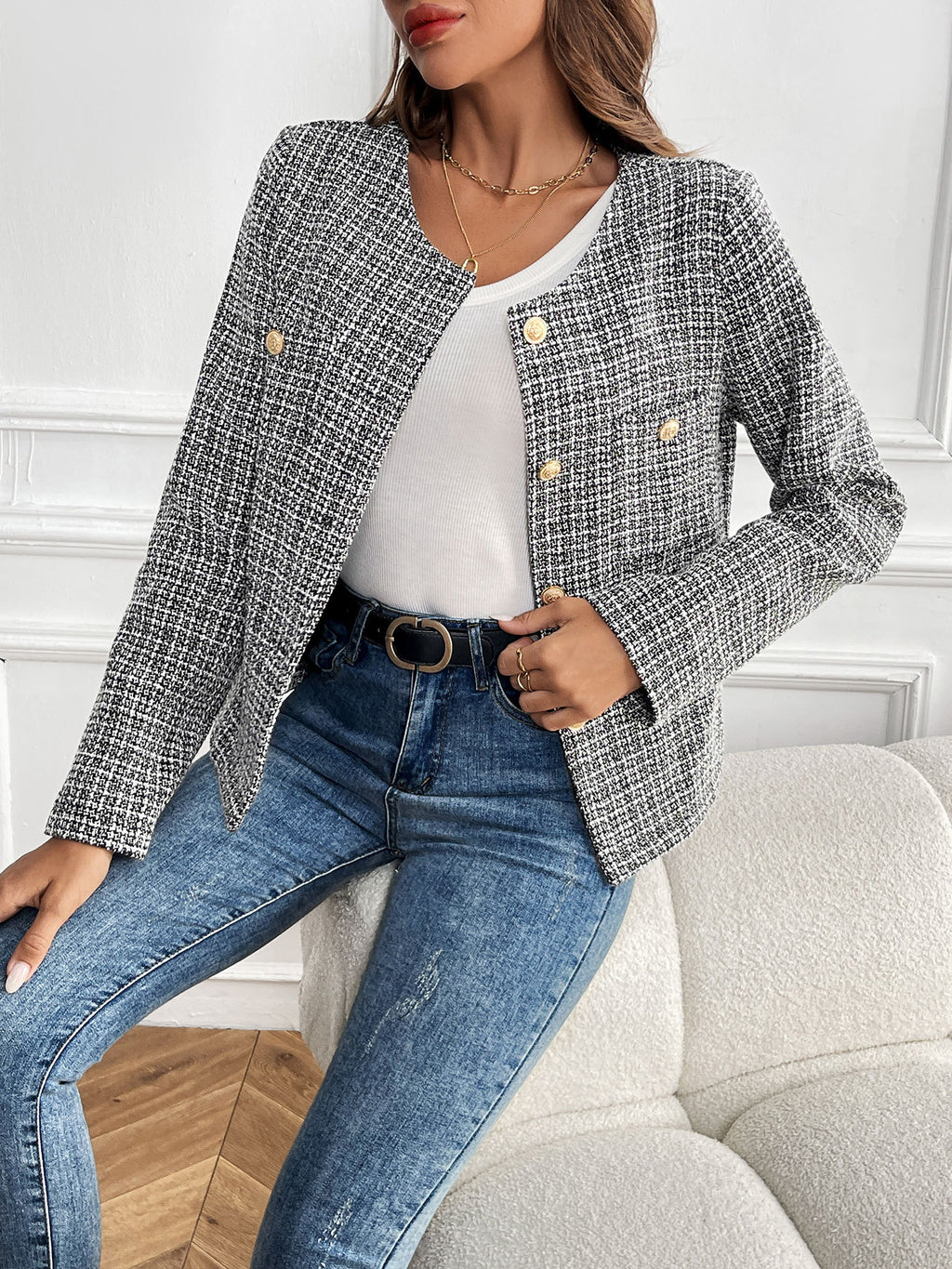 Checked Tweed Collarless Cropped Jacket - Black