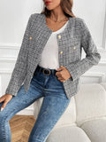Checked Tweed Collarless Cropped Jacket - Black