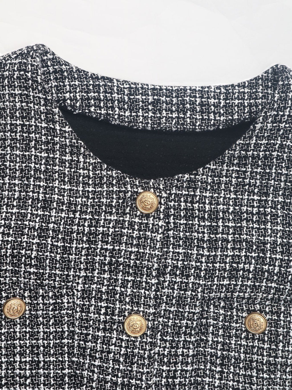 Checked Tweed Collarless Cropped Jacket - Black - 1
