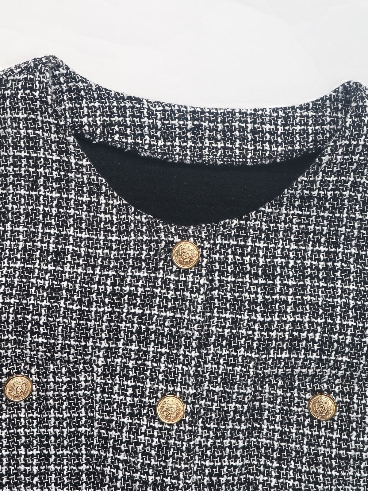 Checked Tweed Collarless Cropped Jacket - Black - 1