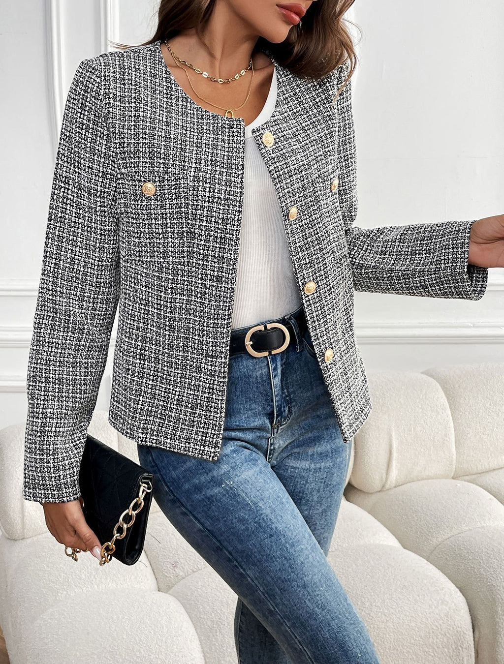 Checked Tweed Collarless Cropped Jacket - Black - 4