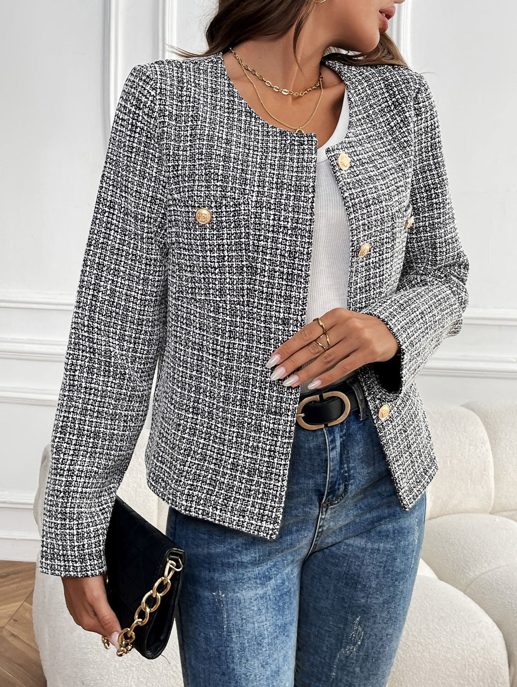 Checked Tweed Collarless Cropped Jacket - Black - 5
