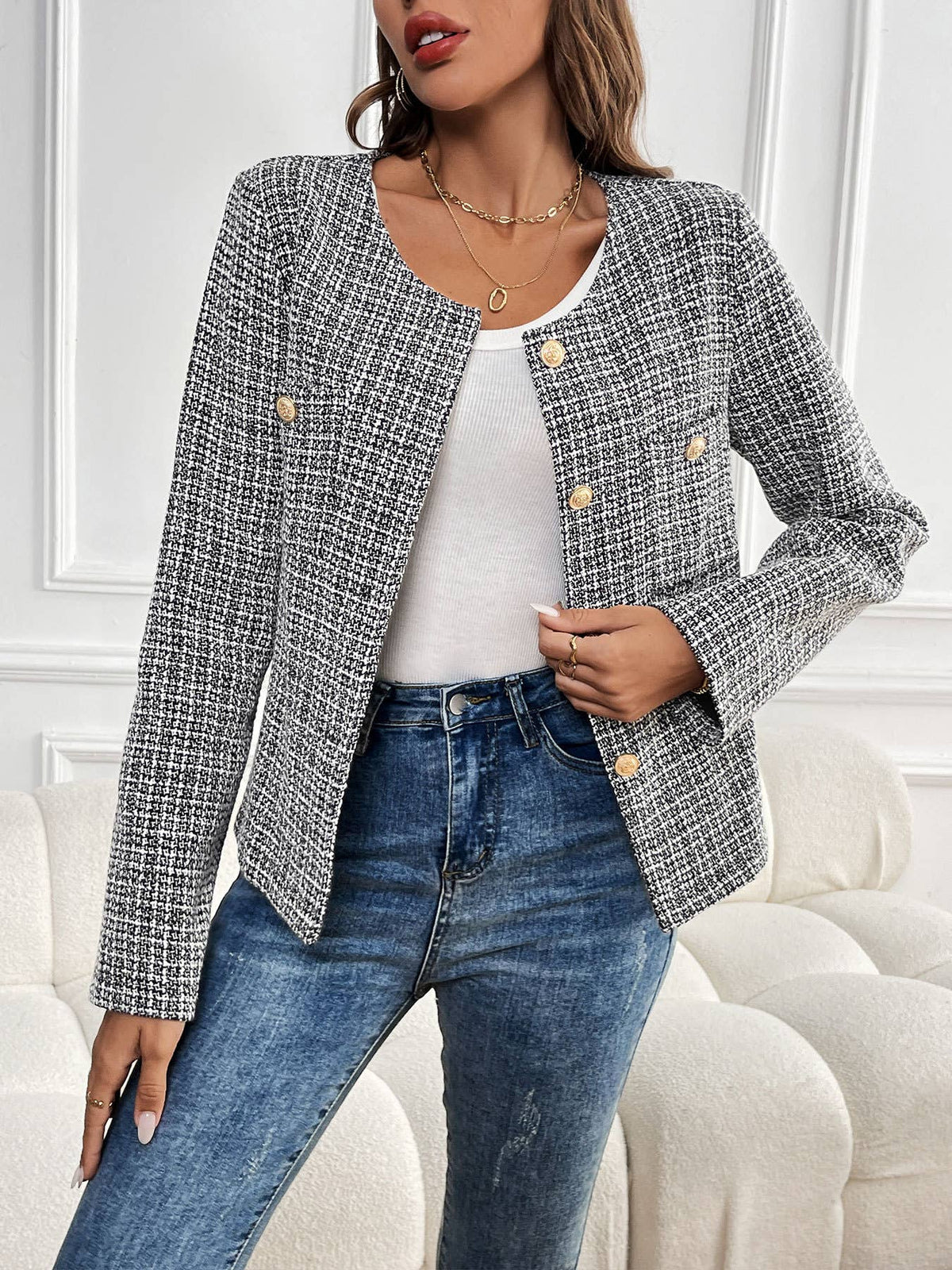 Checked Tweed Collarless Cropped Jacket