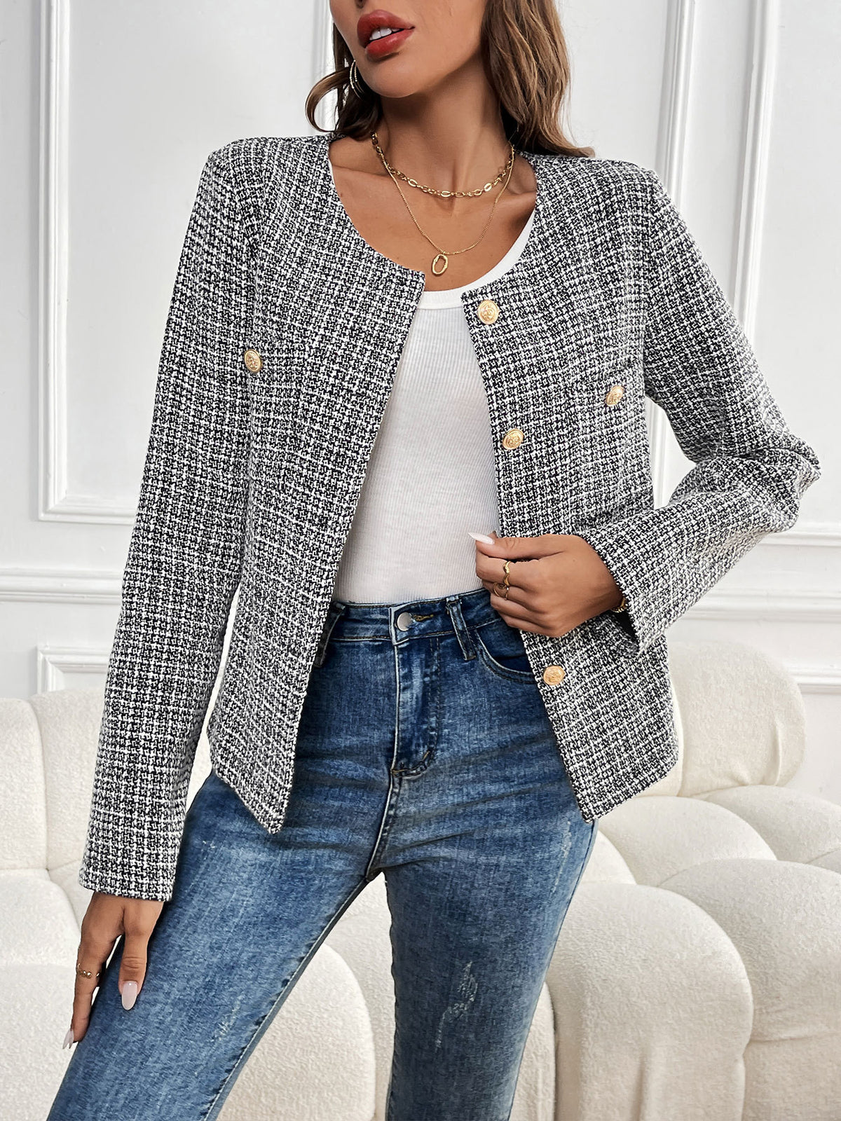 Checked Tweed Collarless Cropped Jacket - view 1