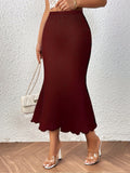 Ribbed Knit Fishtail Midi Skirt - Red