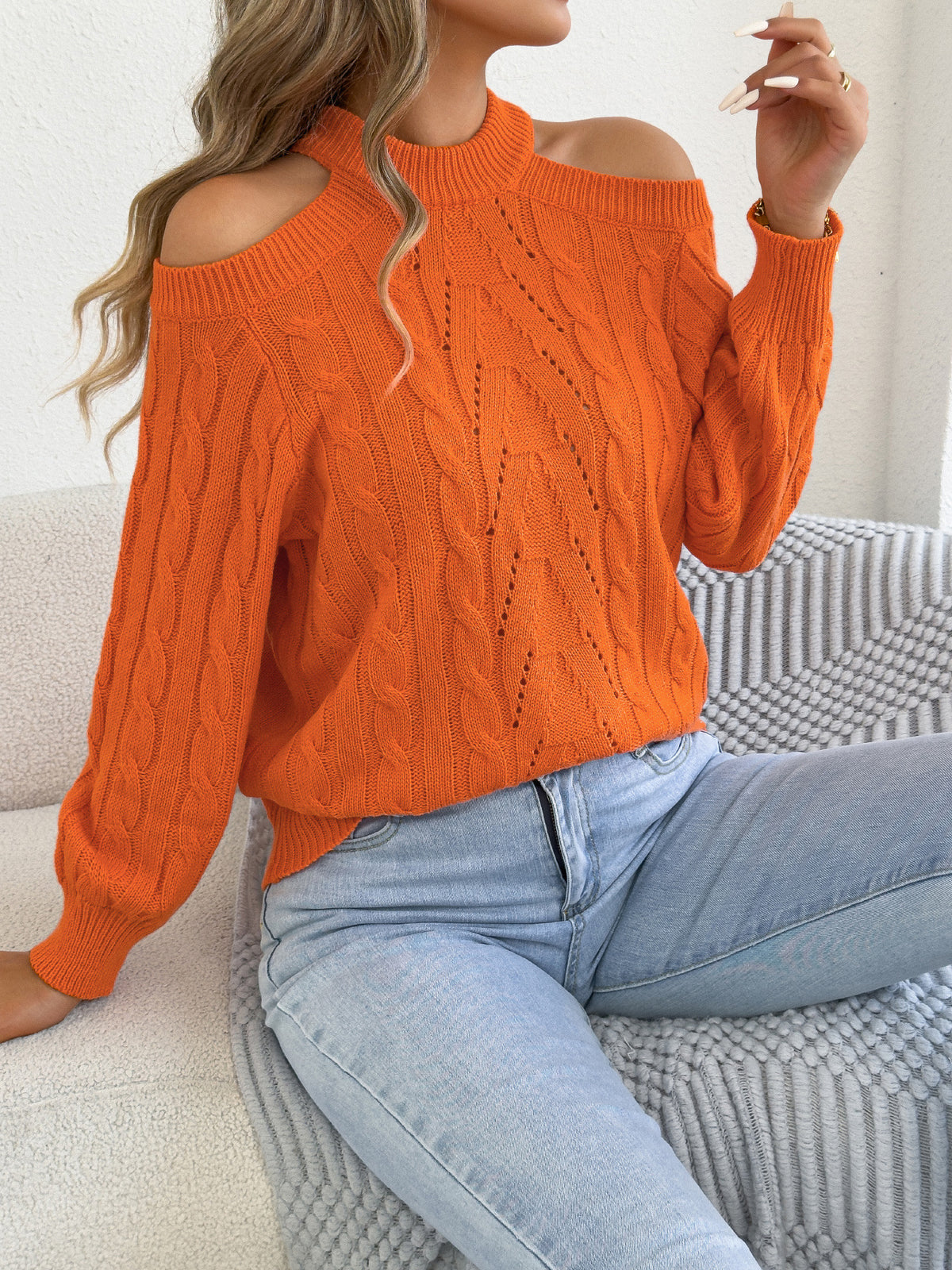 Cutout Cold Shoulder Cable Knit Top - Orange - 1
