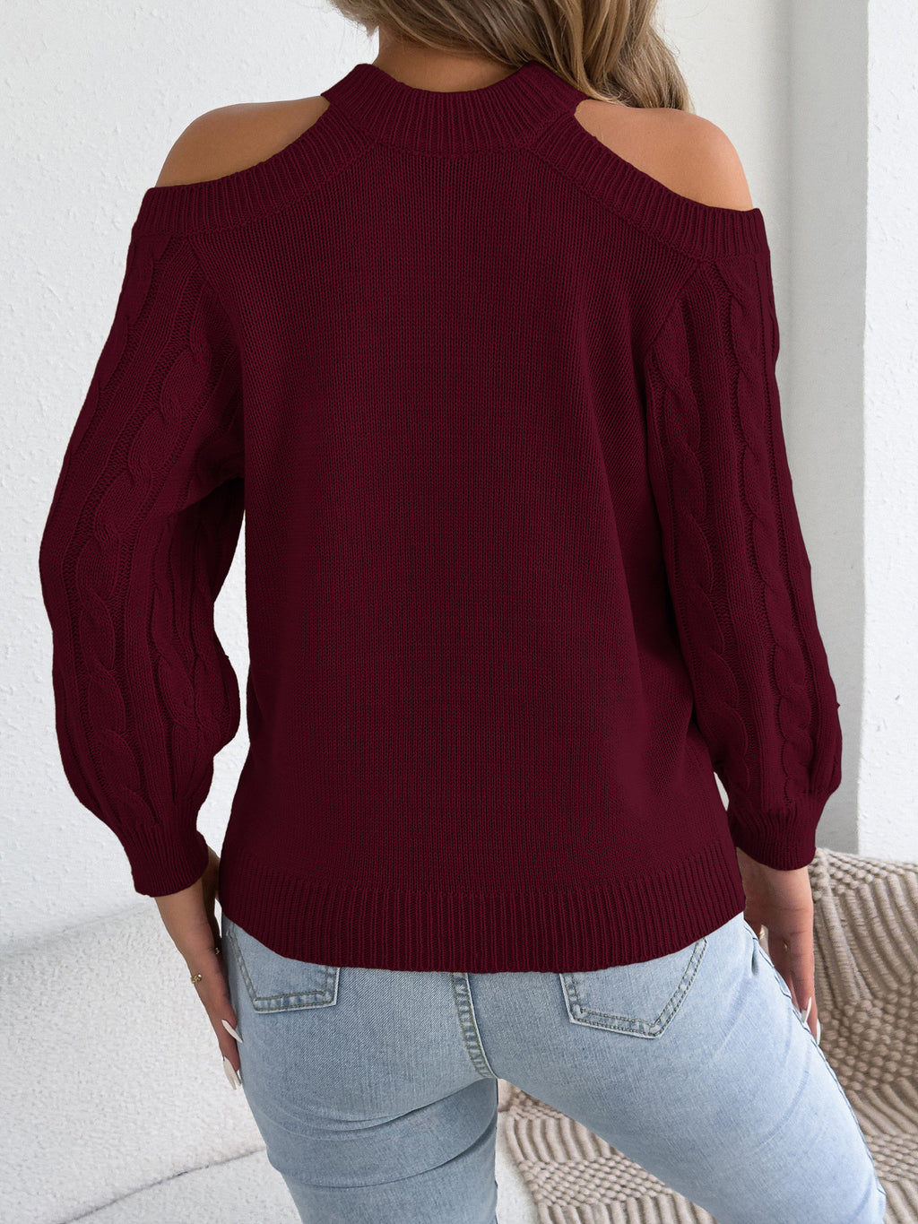 Cutout Cold Shoulder Cable Knit Top - WineRed - 1