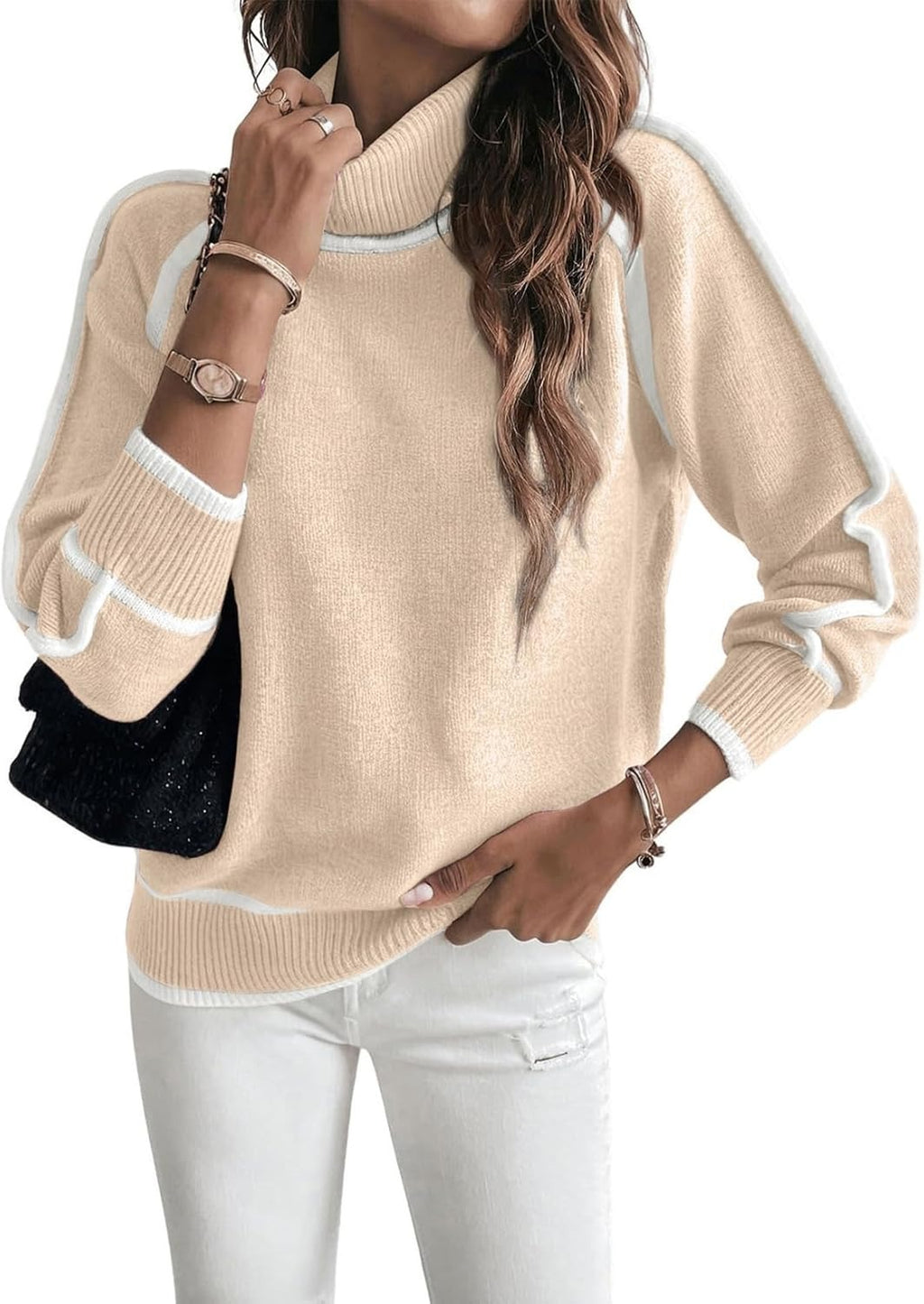 Color Block Trim Turtleneck Pullover Sweater - Apricot