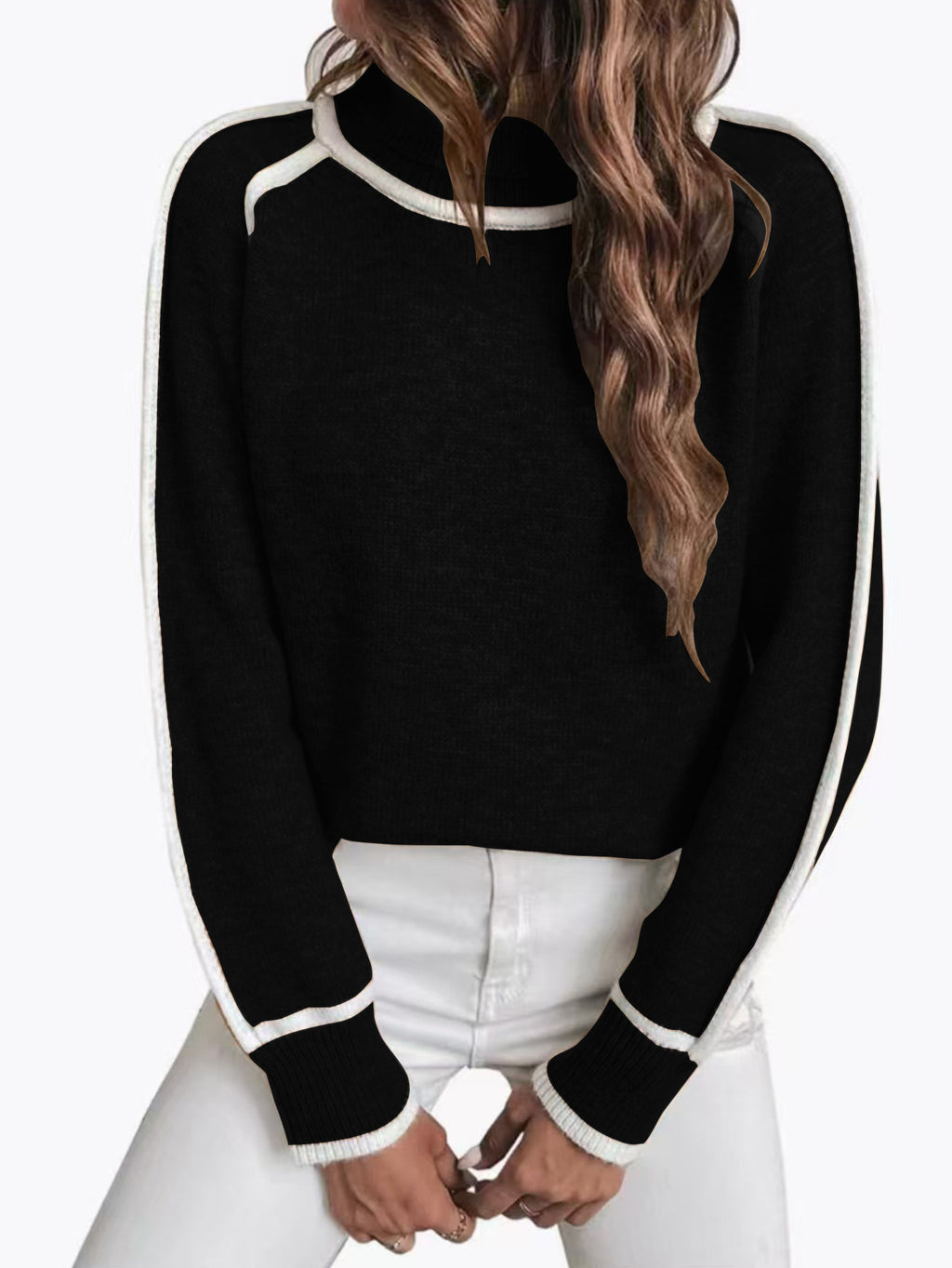 Color Block Trim Turtleneck Pullover Sweater - Black