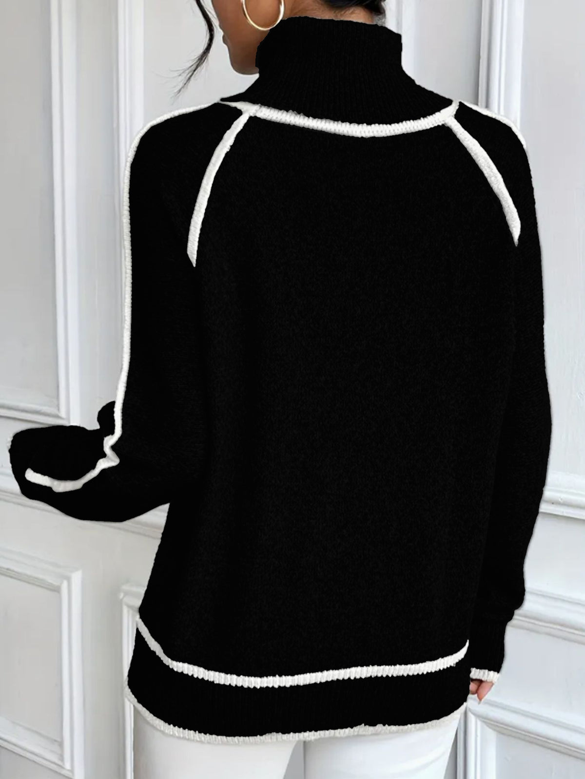 Color Block Trim Turtleneck Pullover Sweater - Black - 1