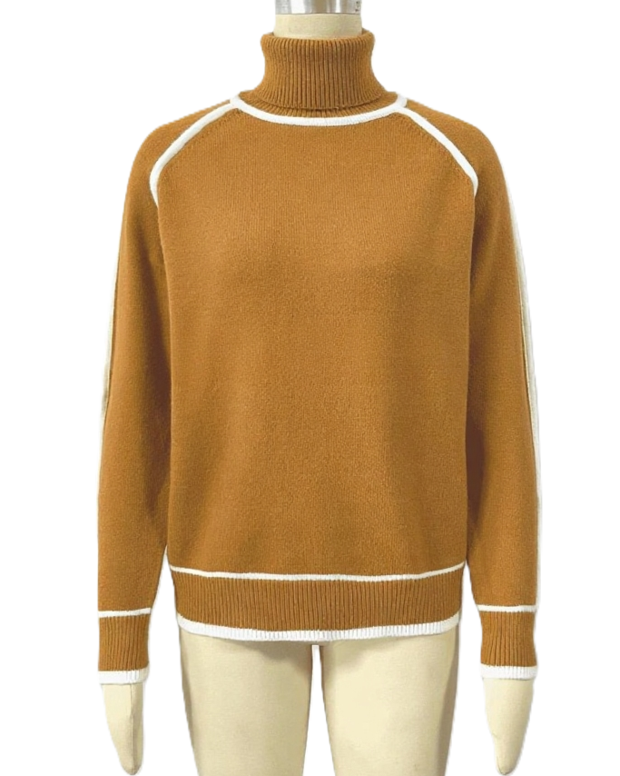 Color Block Trim Turtleneck Pullover Sweater - Caramel