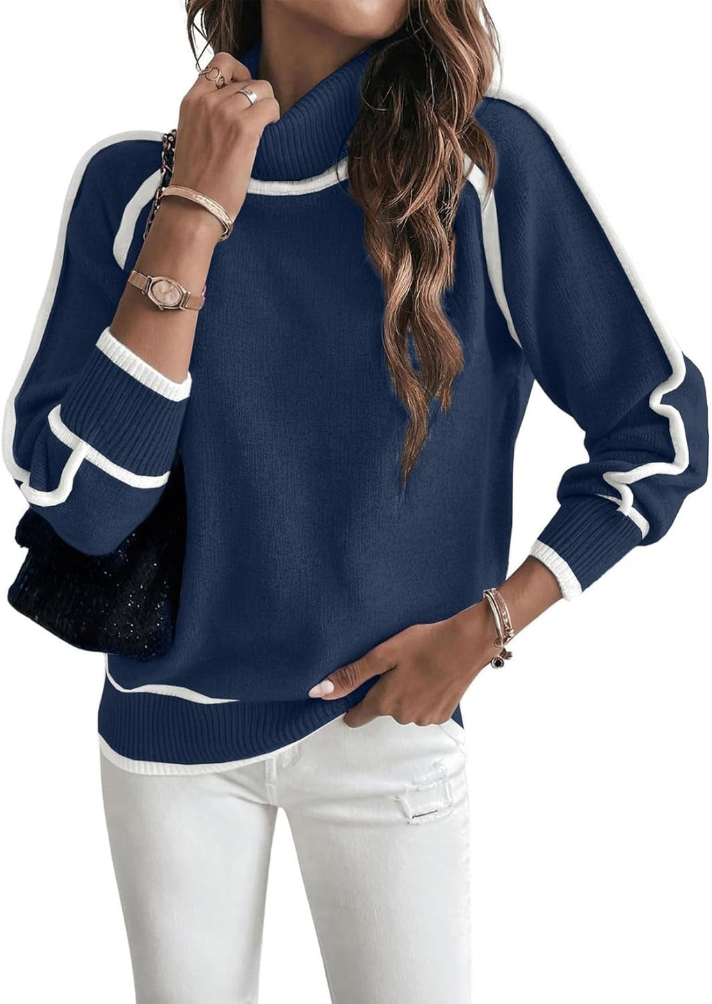 Color Block Trim Turtleneck Pullover Sweater - DarkBlue