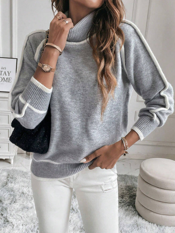 Color Block Trim Turtleneck Pullover Sweater - Grey