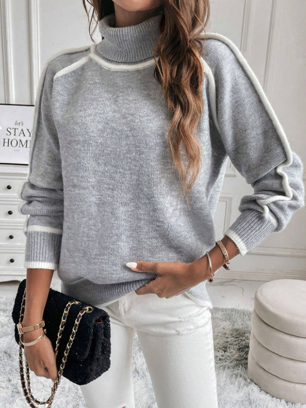 Color Block Trim Turtleneck Pullover Sweater - Grey - 1