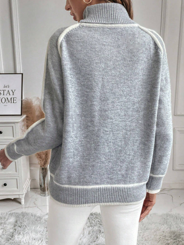 Color Block Trim Turtleneck Pullover Sweater - Grey - 3