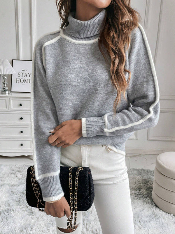 Color Block Trim Turtleneck Pullover Sweater - Grey - 4