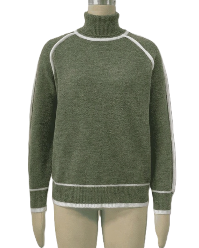 Color Block Trim Turtleneck Pullover Sweater - Olive