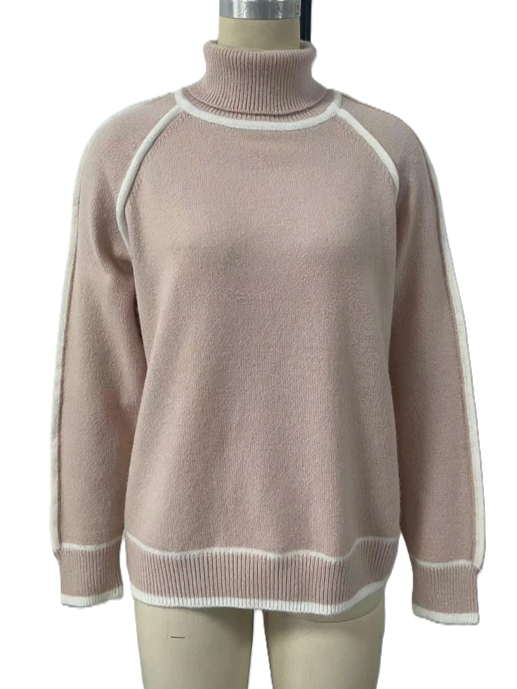 Color Block Trim Turtleneck Pullover Sweater - Pink