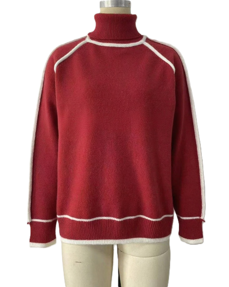 Color Block Trim Turtleneck Pullover Sweater - Red
