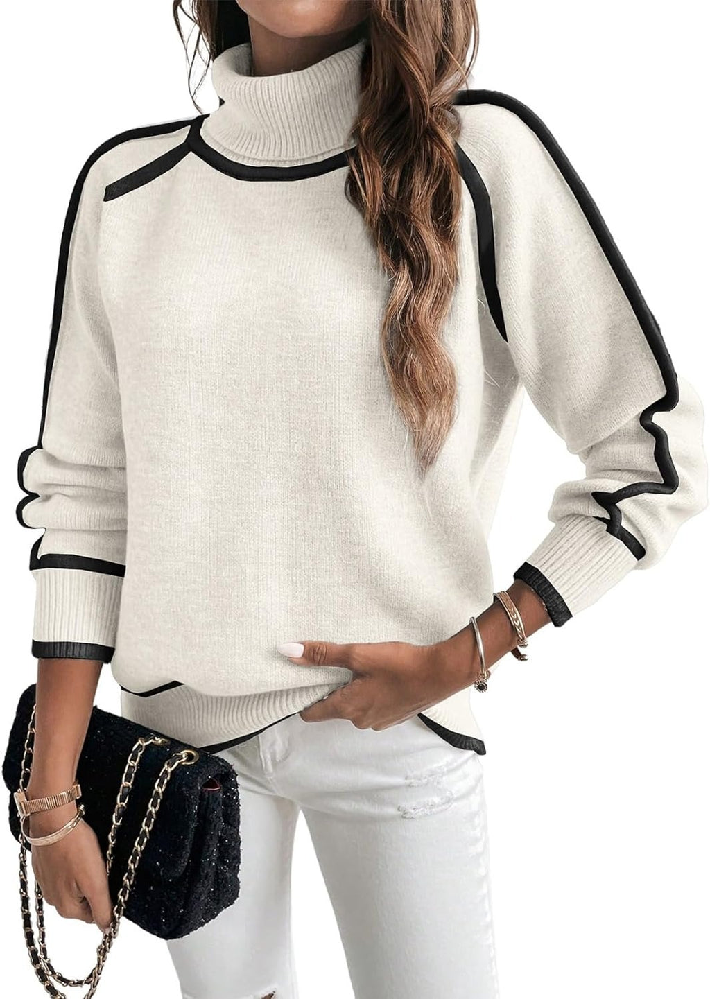 Color Block Trim Turtleneck Pullover Sweater - White