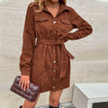 Belted Corduroy Mini Shirt Dress - Brown