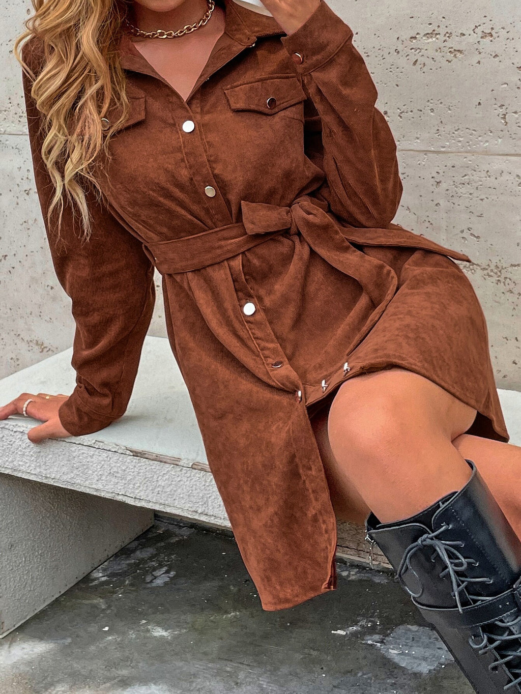 Belted Corduroy Mini Shirt Dress