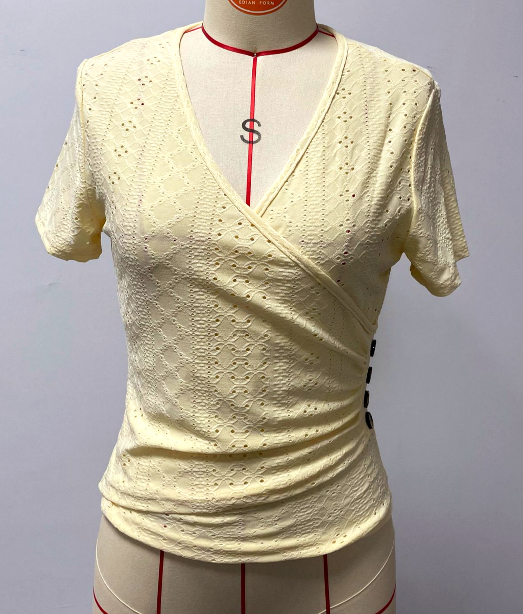 Eyelet Knit Wrap Front Tee With Side Buttons - Yellow