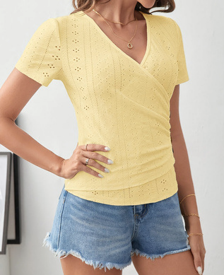 Eyelet Knit Wrap Front Tee With Side Buttons - Yellow - 1