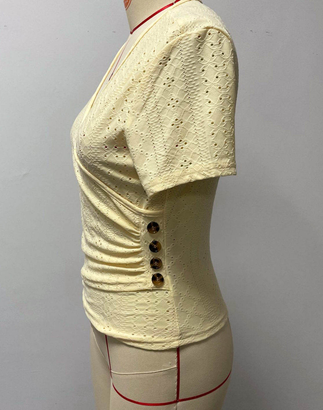 Eyelet Knit Wrap Front Tee With Side Buttons - Yellow - 2