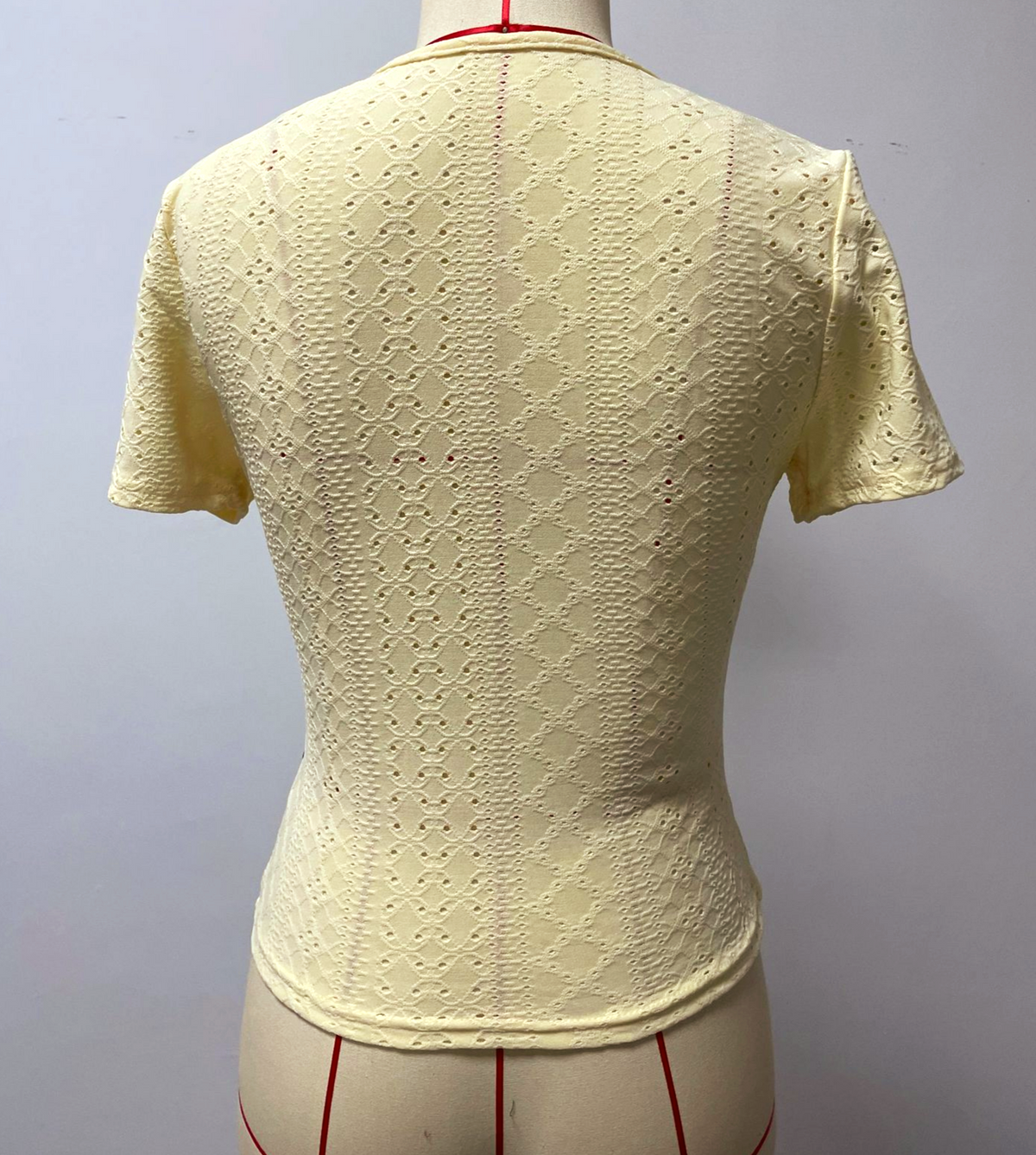 Eyelet Knit Wrap Front Tee With Side Buttons - Yellow - 3