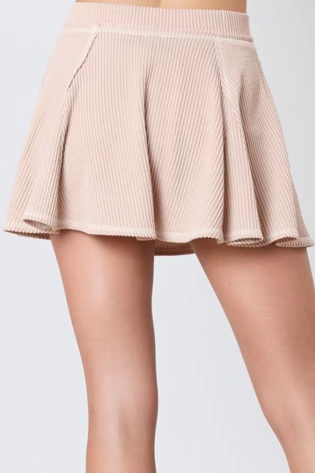 Waffle Knit Sweatshirt and Ruffle Skirt Set - Apricot - 1