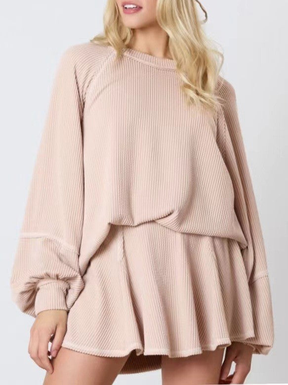 Waffle Knit Sweatshirt and Ruffle Skirt Set - Apricot - 2