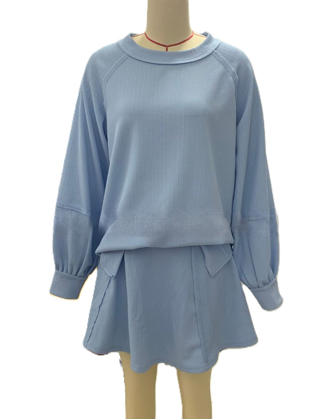 Waffle Knit Sweatshirt and Ruffle Skirt Set - Blue
