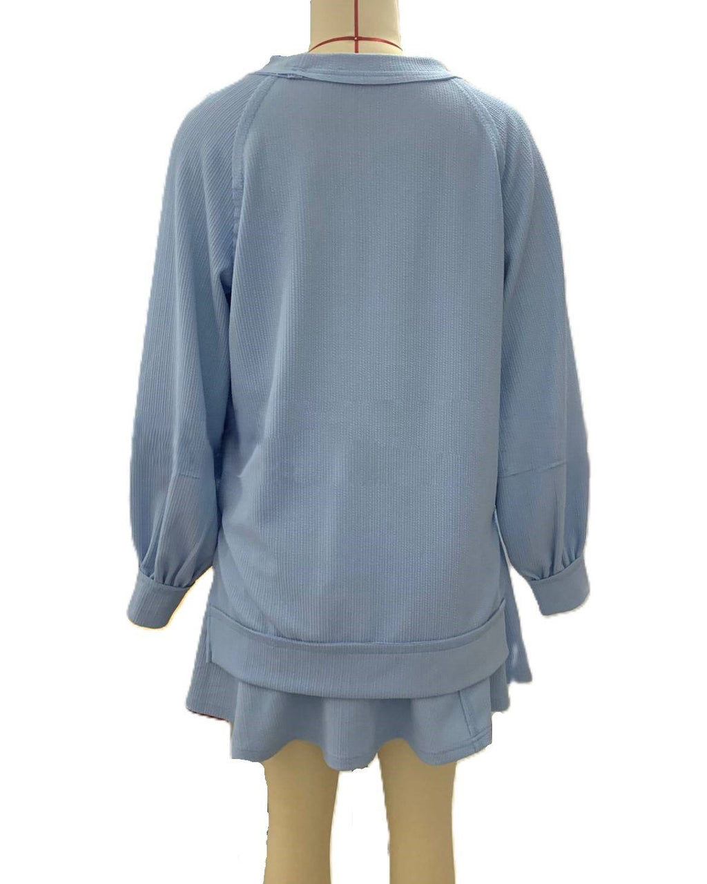 Waffle Knit Sweatshirt and Ruffle Skirt Set - Blue - 1