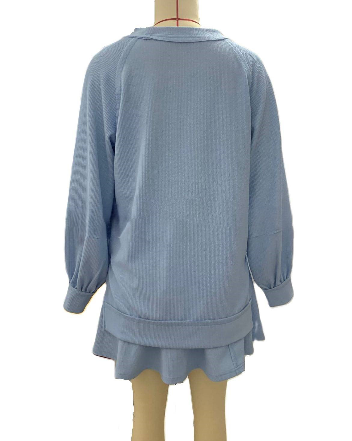 Waffle Knit Sweatshirt and Ruffle Skirt Set - Blue - 1