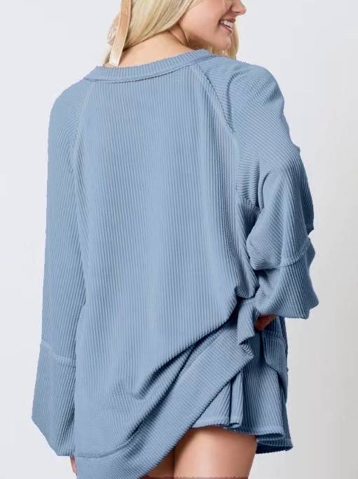 Waffle Knit Sweatshirt and Ruffle Skirt Set - Blue - 5