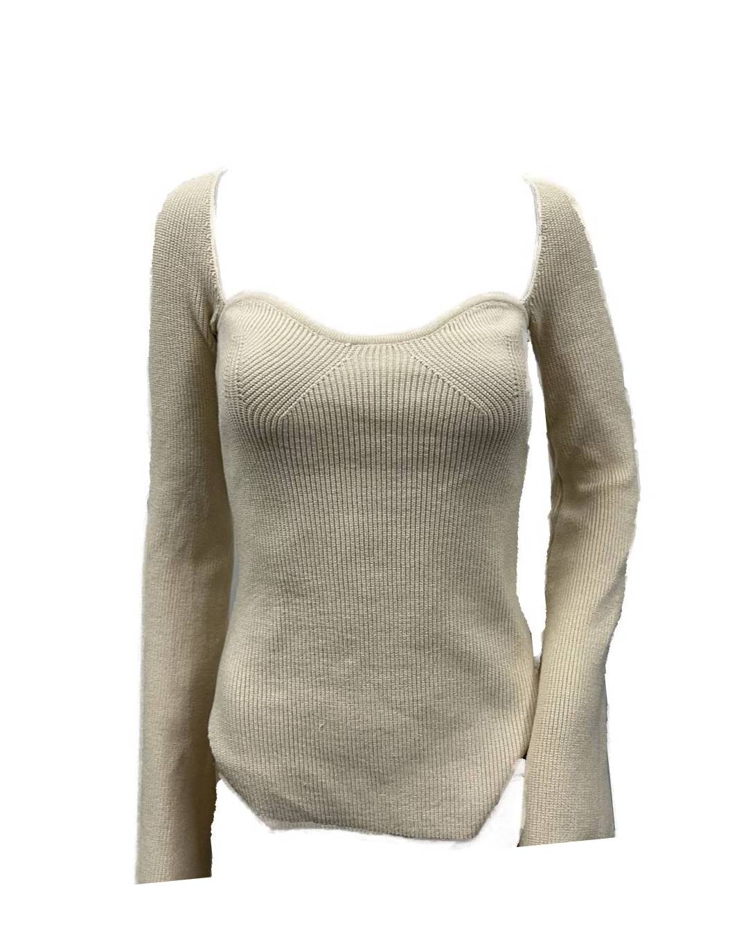 Ribbed Fitted Top With Sweetheart Neckline - Beige - 1