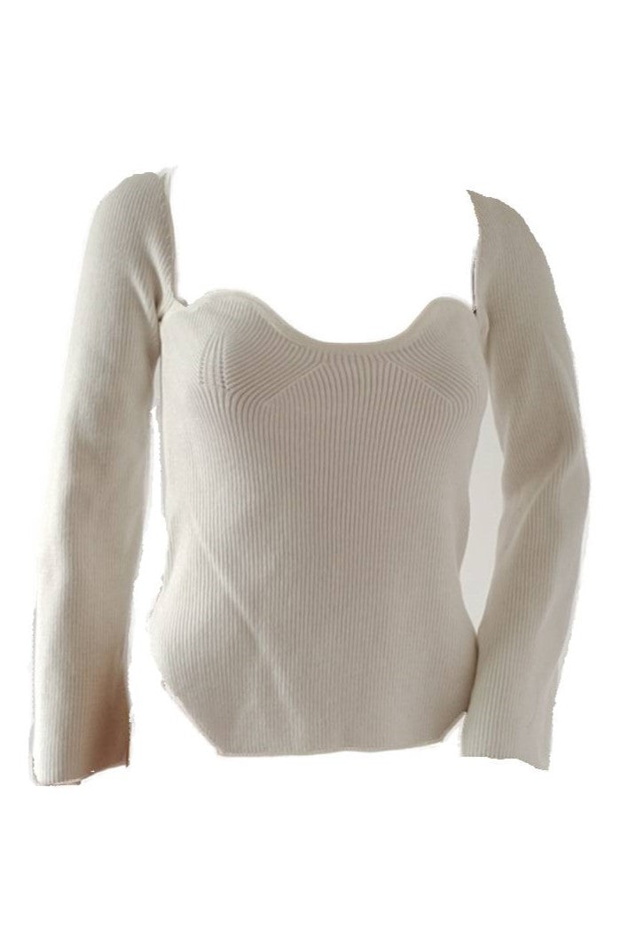 Ribbed Fitted Top With Sweetheart Neckline - Beige - 2
