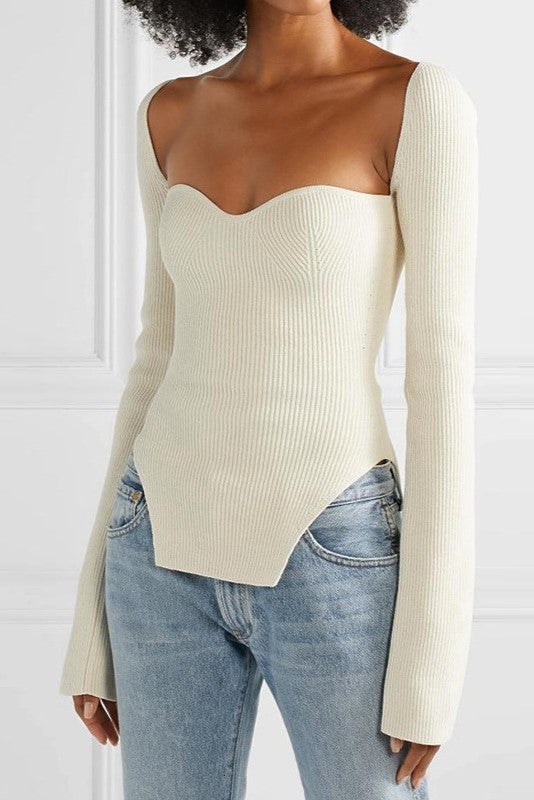 Ribbed Fitted Top With Sweetheart Neckline - White