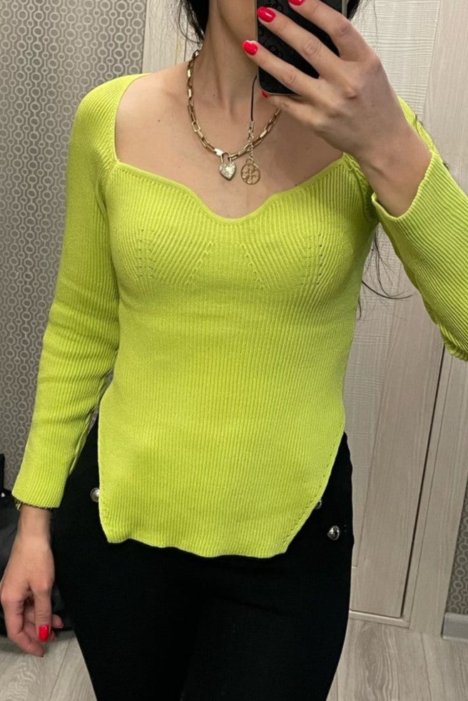 Ribbed Fitted Top With Sweetheart Neckline - acid