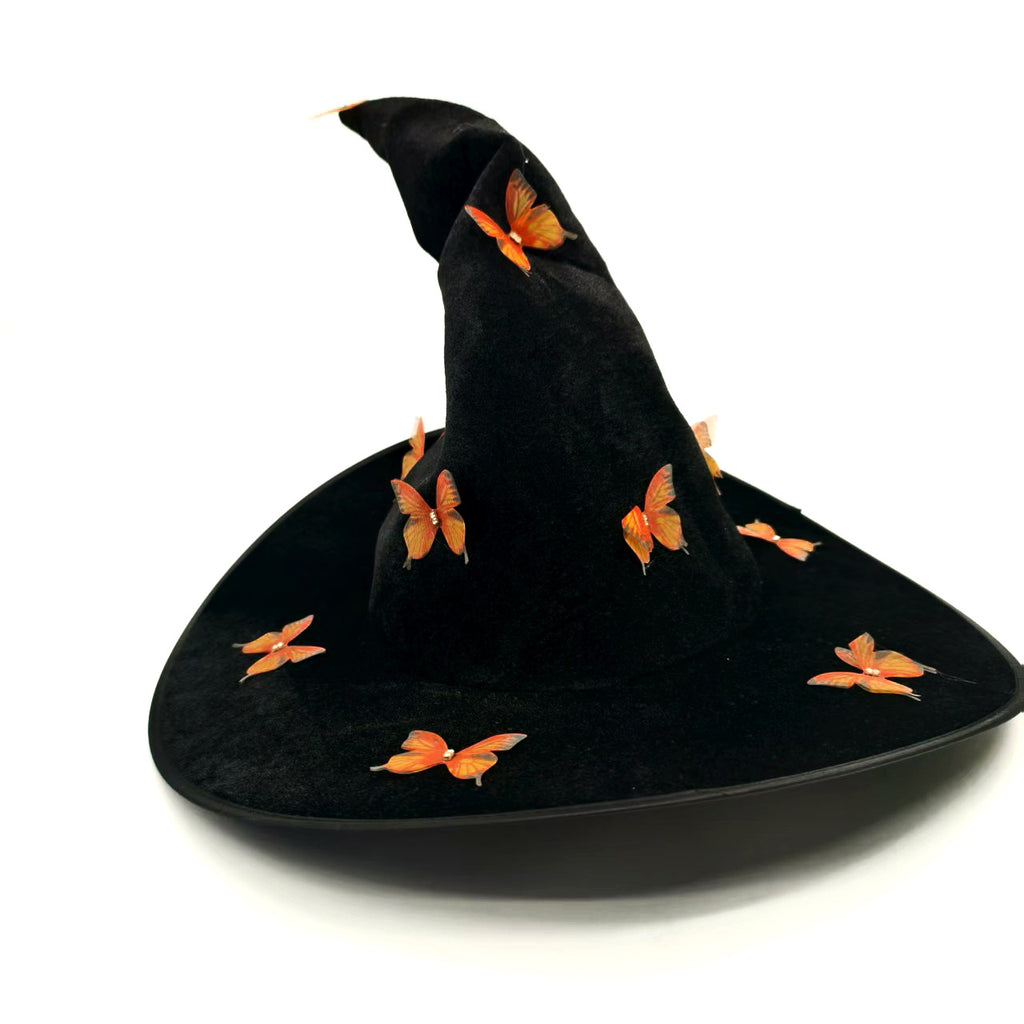 Velvet Witch Hat With Butterfly Accents - OBlack