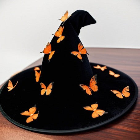 Velvet Witch Hat With Butterfly Accents - OBlack - 2
